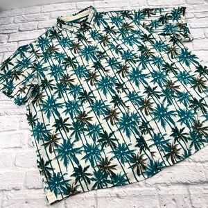 SYNRGY Mens 3XL White Teal Palm Tree Hawaiian Short Sleeve Button Up Shirt